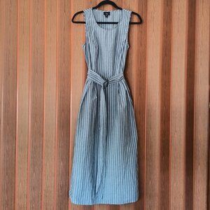 100% Cotton Blue + White Pinstripe Sleeveless Midi Dress with Wide Belt